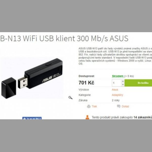 Asus WiFi USB adaptér 802.11b/g/n až 300Mbps, USB. Bezproblé